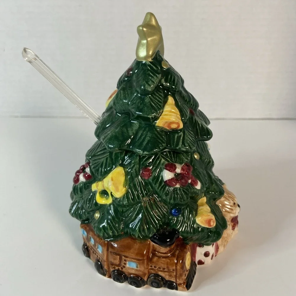 Vtg Earthenware Christmas Tree Sugar & Creamer Set w/Original Box Kitchen Decor